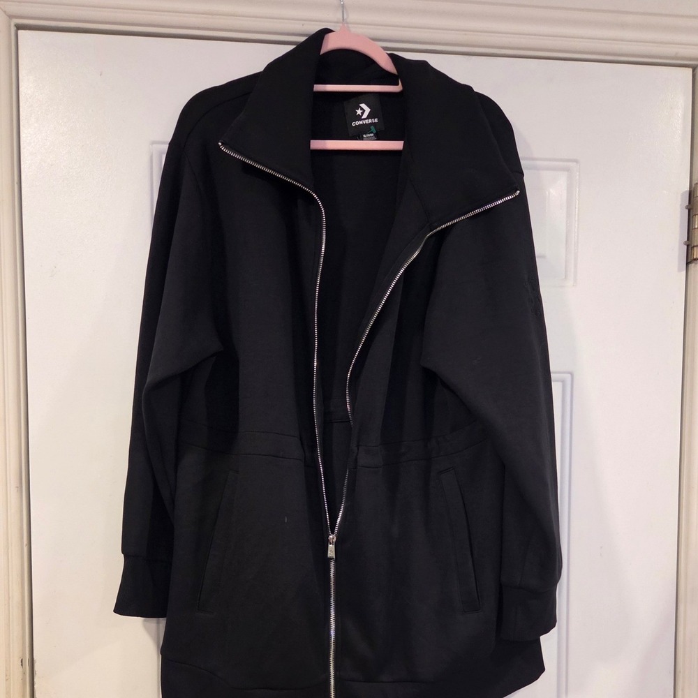 Converse Womens XL Black Full Zip Mock Neck Longline Jacket Sweatshirt